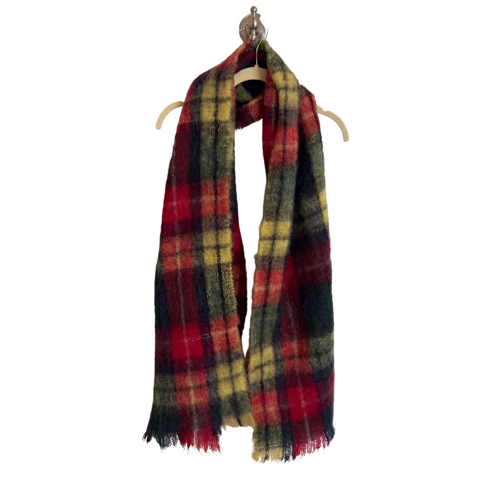 Ohrbachs Vintage Mohair Wool Scarf Made in Scotland Plaid Red Green Yellow 76x18